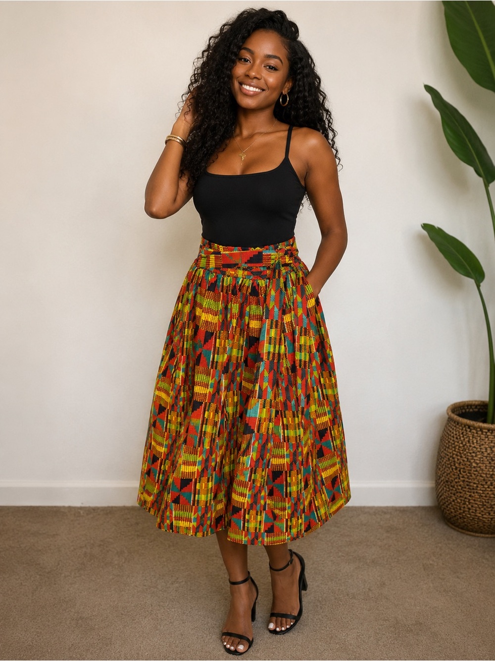 Vibrant Kente Print Midi Skirt - Multicolor